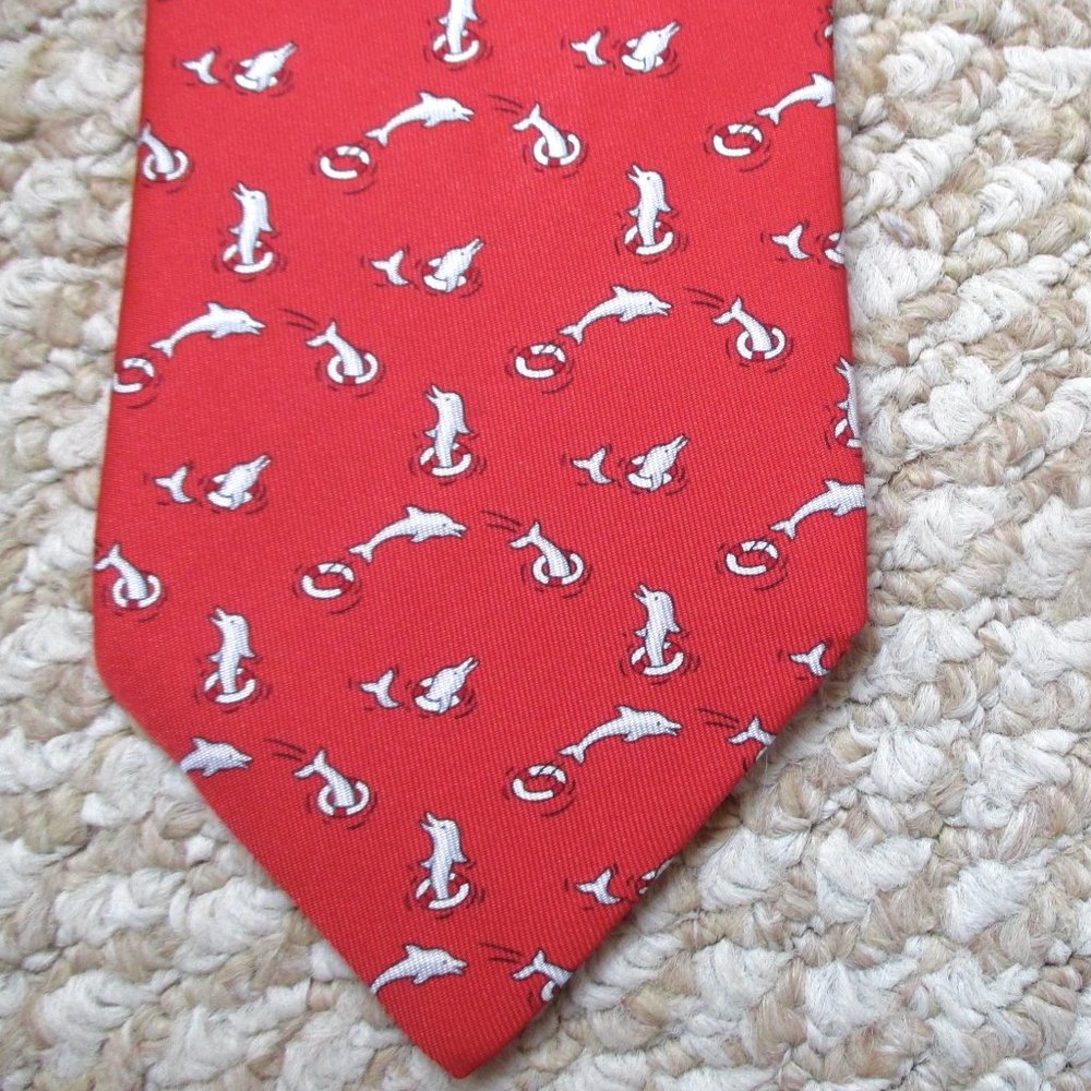 100% REAL HERMES TIE ~ RED w FUN DOLPHINS JUMPING THRU LIFE PRESERVERS HOOPS XXL - Picture 3 of 4